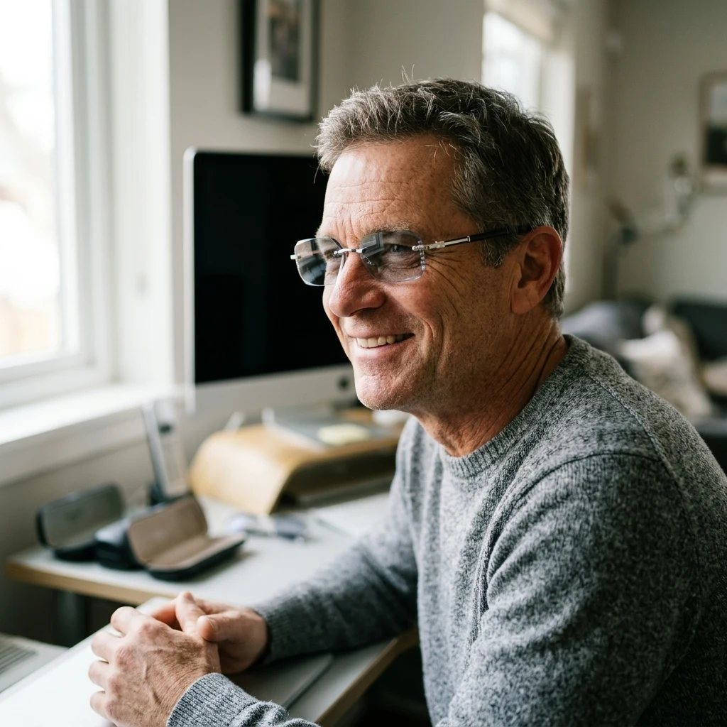 Man wearing BlueLume glasses while working at a laptop